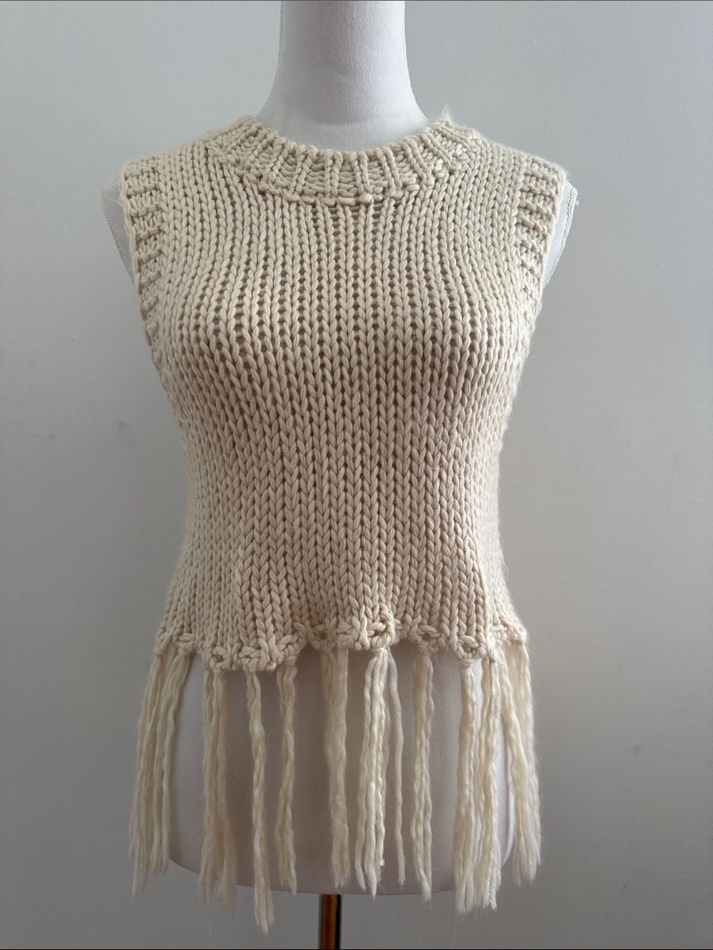 Le Lis Cream Sleeveless Fringe Knit Top